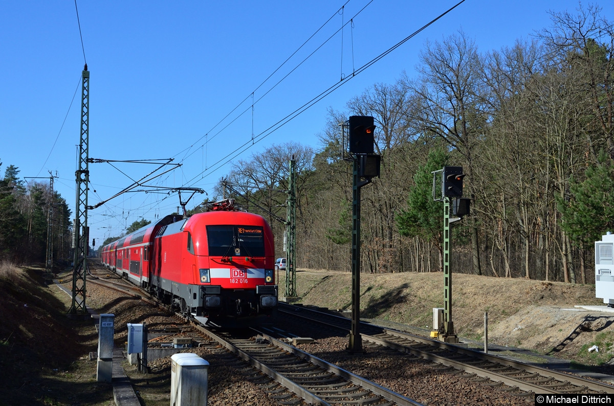 182 016 als RE 1 auf dem Weg nach Frankfurt (Oder) kurz vor der Einfahrt in Fangschleuse.