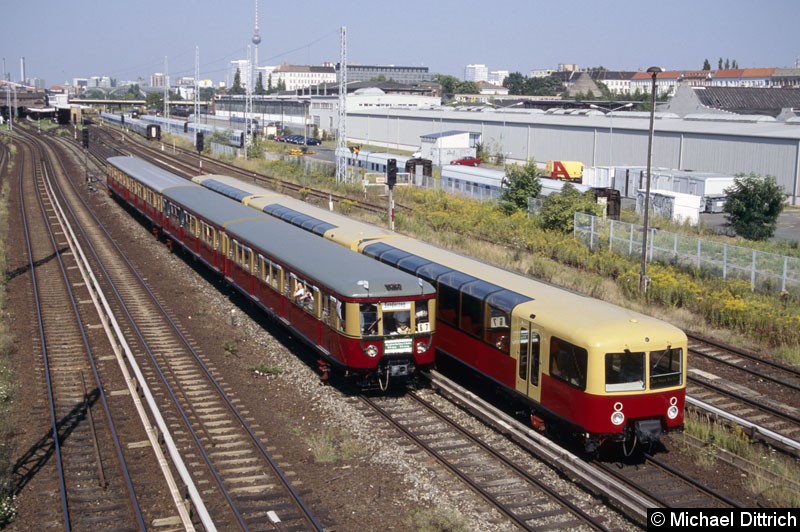 Bild: Anlässlich des 80. Geburtstages der S-Bahn wurde auch der Zug der Baureihe 167 eingesetzt. 
Hier trifft er gerade die Panorama-S-Bahn.