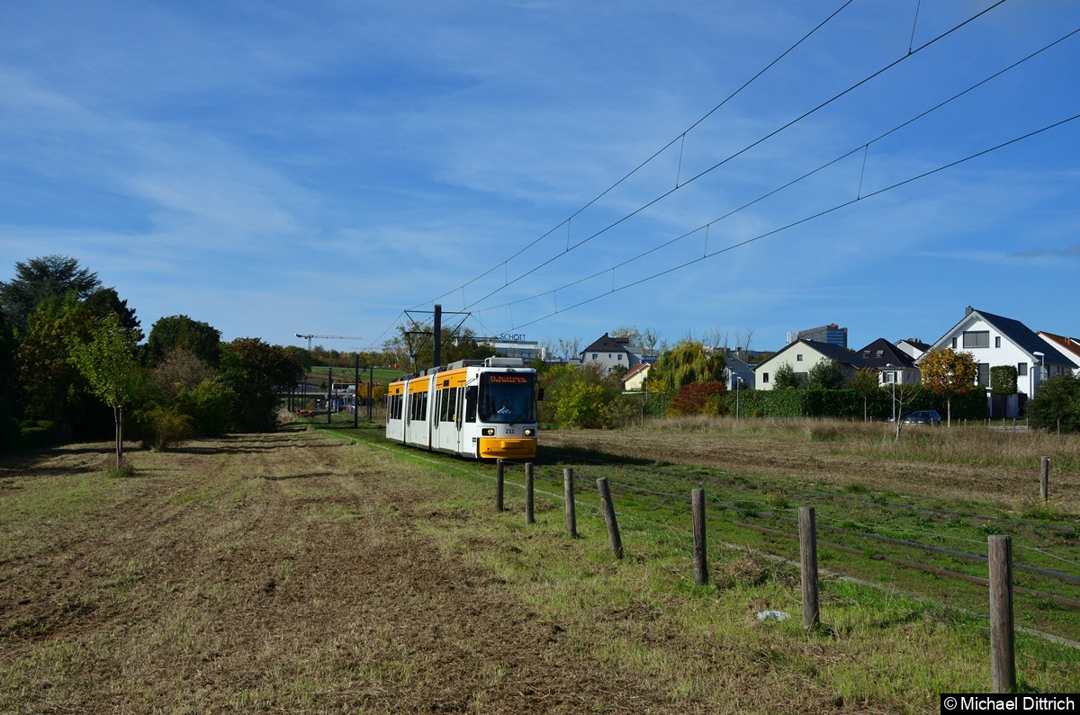 Wagen 211 als Linie 53 zwischen vor der Haltestelle Wiesenstraße.