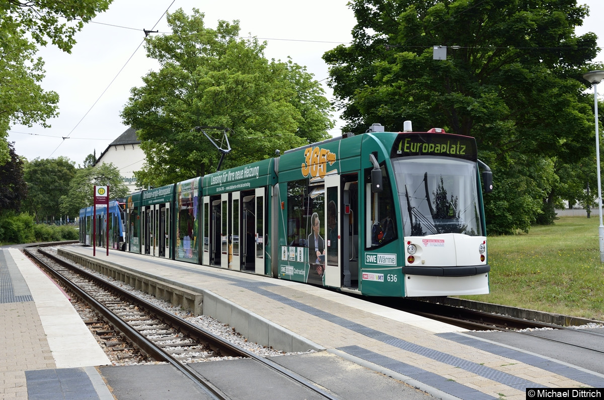 Bild: 636 + 625 als Linie 1 an der Haltestelle Thüringenhalle.