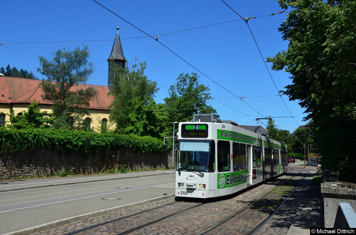 Bild: 255 als Linie 2 an der Ankunftshaltestelle Günterstal (Dorfstraße).