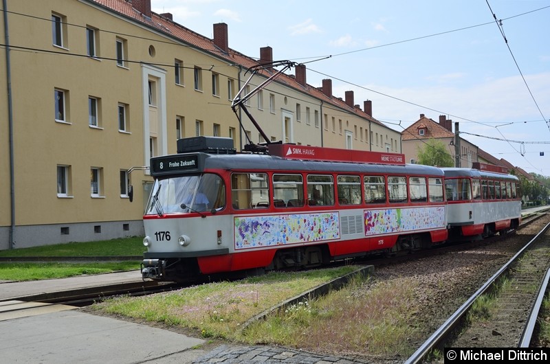 Sonderfahrt mit 1176 + 204: Ankunft des Zuges als Linie 8 in der Frohen Zukunft.