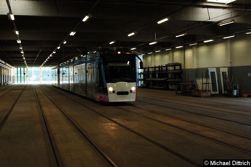 Bild: Hier kommt gerade der Combino 625 mit Anhang durch die Halle gefahren. Die Linie 3 wendete anlässlich des Tag der offenen Tür auf dem Betriebshof und gab den Fahrgästen gleich den ersten Eindruck der Halle.