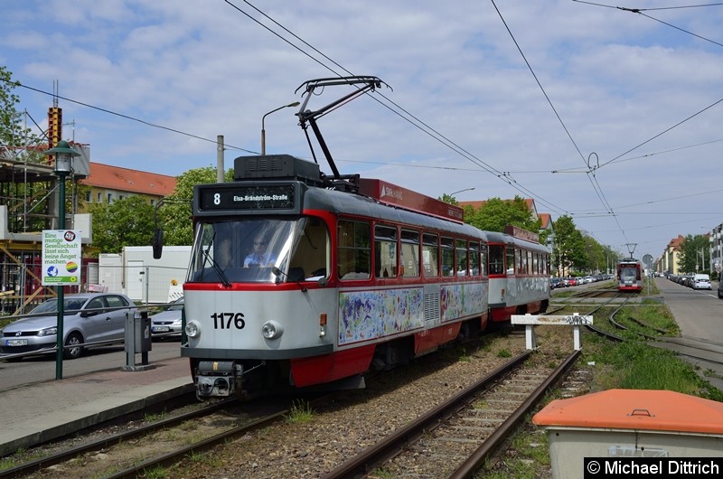 Bild: Sonderfahrt mit 1176 + 204: Ankunft Elsa-Brandström-Straße. Im Hintergrund 