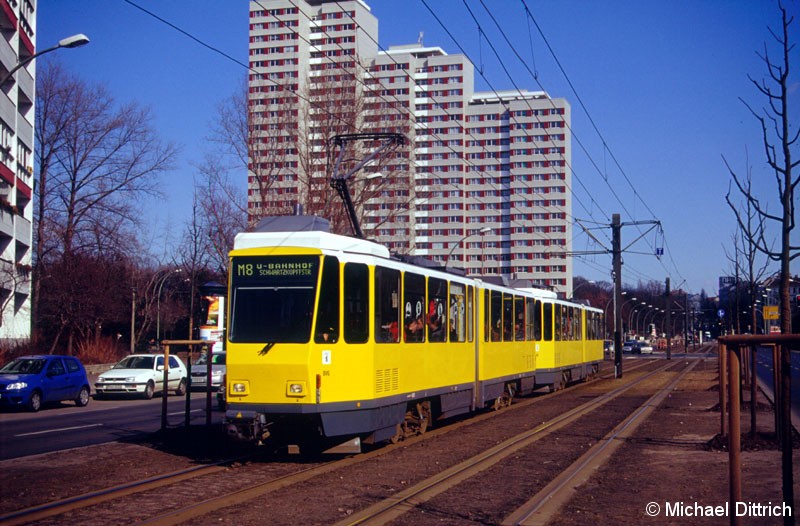Bild: 6113 als Linie M8 vor der Haltestelle Büschingstraße.