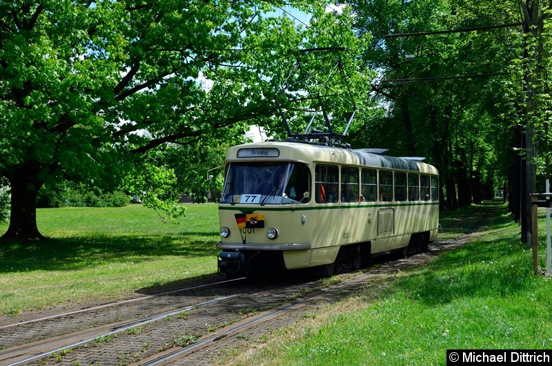 Bild: Wagen 1001 verlässt den eingleisigen Abschnitt im Herrenkrug.