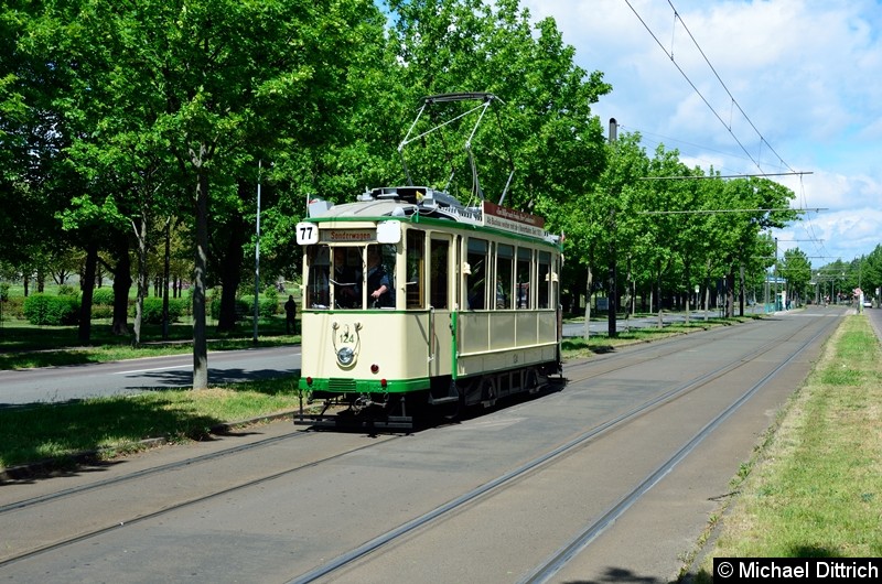 Bild: Wagen 124 als Linie 77 kurz vor der Haltestelle Jerichower Platz.