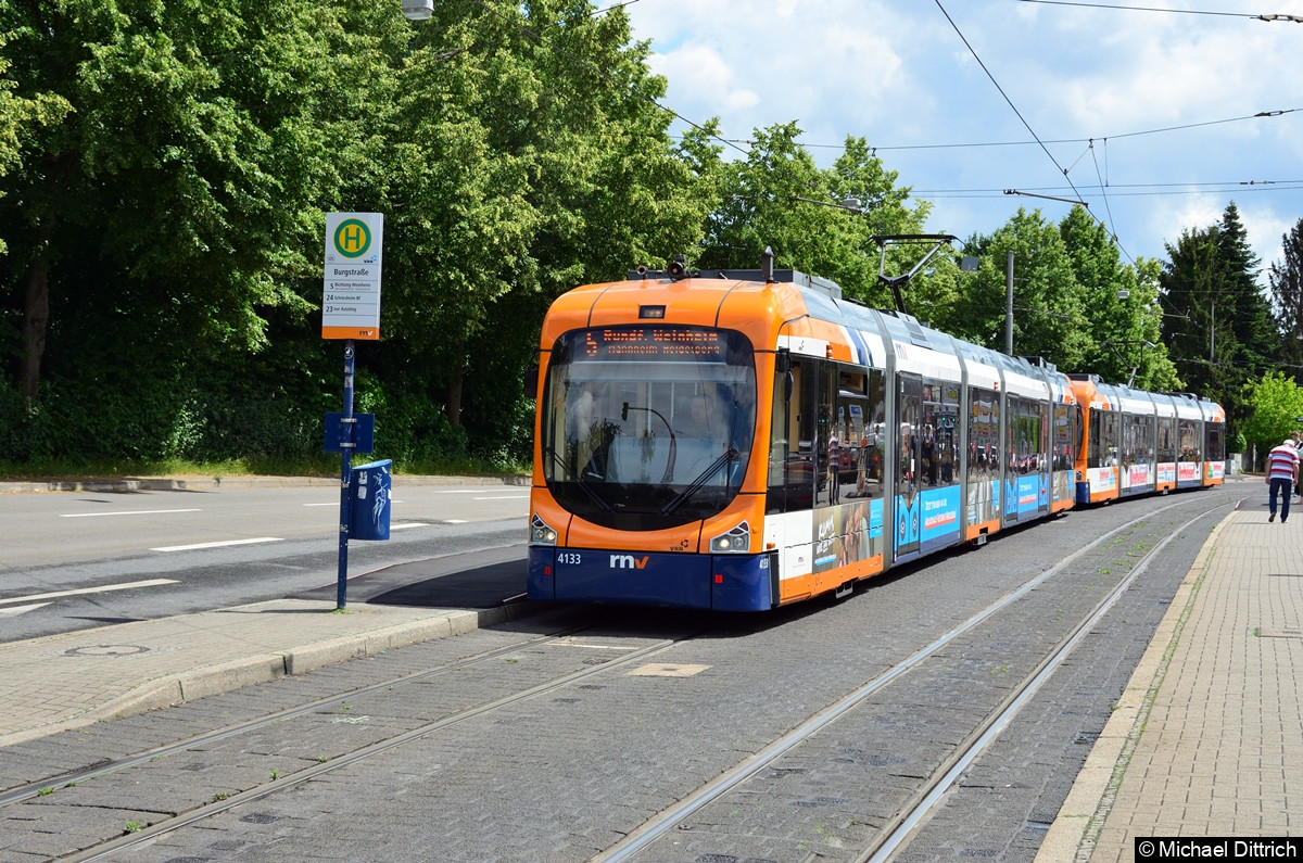 Bild: Die Linie 5 fährt im Kreis: Mannheim - Weinsberg - Heidelberg - Mannheim.
Fahrzeit: 2,5 Stunden.
Hier steht eine Doppeltraktion in Heidelberg, Burgstraße.
