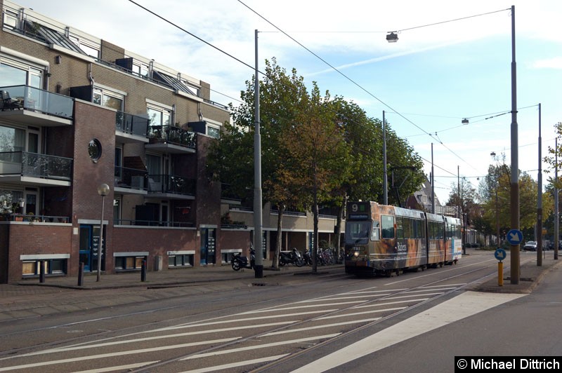 Bild: Nur dieser Wagentyp darf in Amsterdam mit einer Vollwerbung beklebt werden.
Hier der Wagen 781 als Linie 9 in der Haltestelle Nicolaas Lublinkstraat.