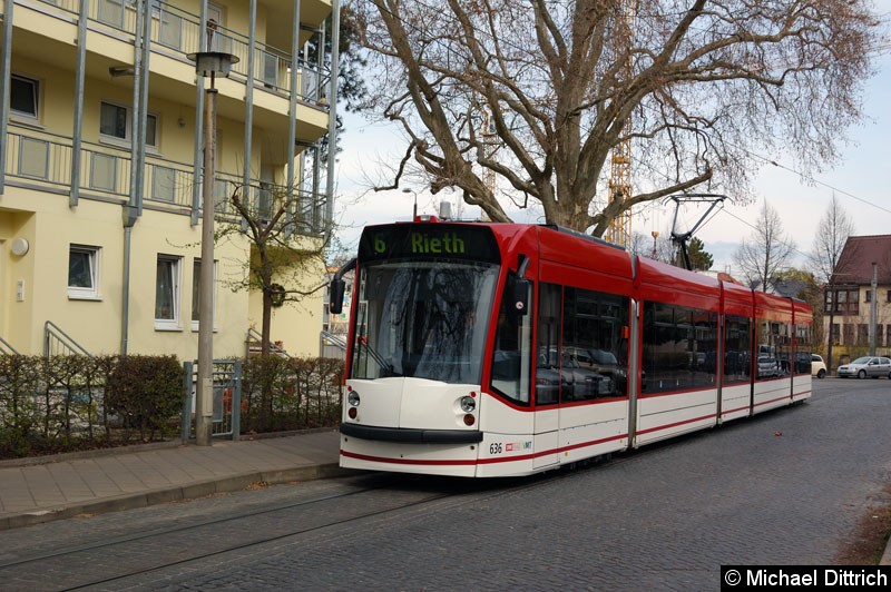 Bild: Combino 636 als Linie 6 an der Haltestelle Steigerstraße.