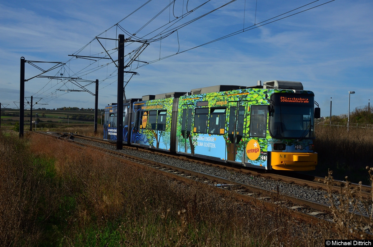 Wagen 213 als Linie 53 zwischen den Haltestellen Kisselberg und Jakob-Heinz-Str./Arena.
